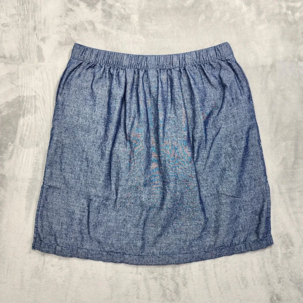 Dā-sh Skirt Womens 1X Blue Chambray Linen Blend Button Front Elastic Waist Lined